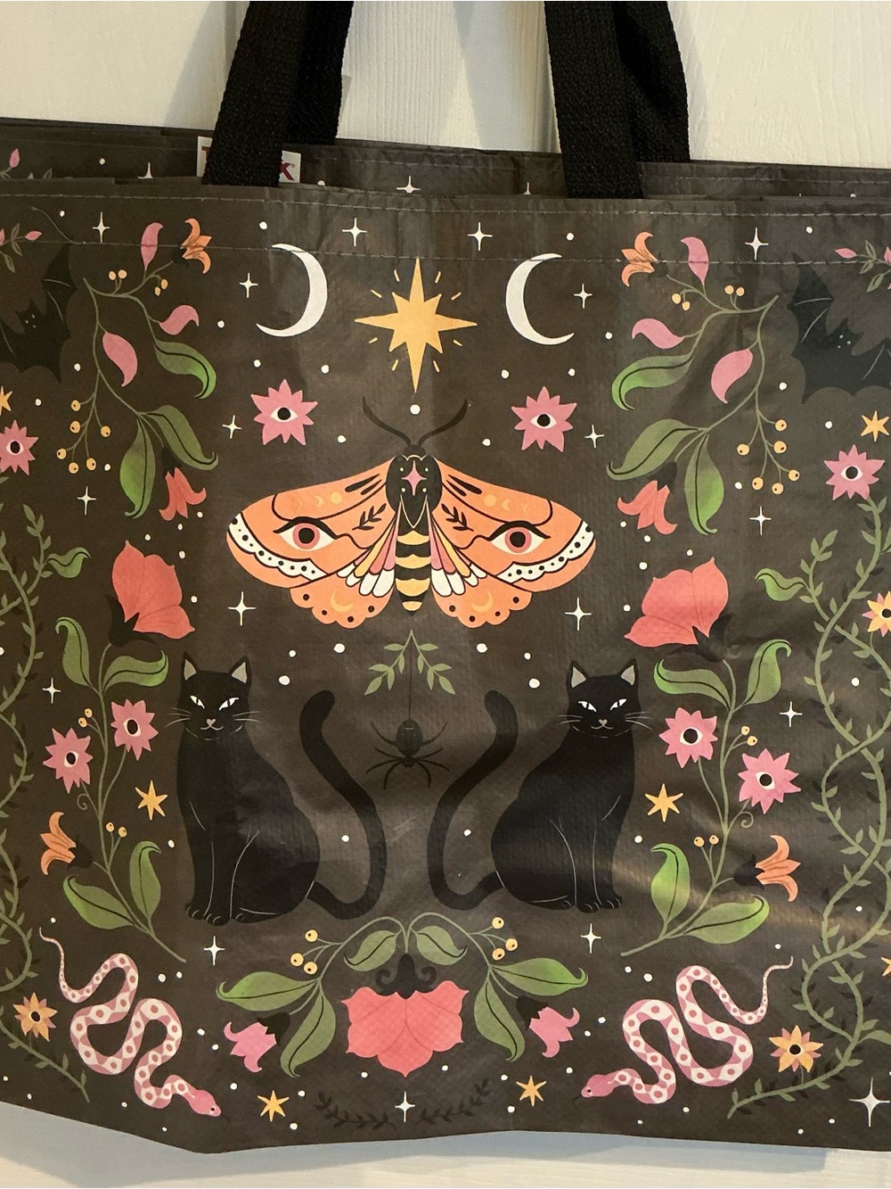 Set of 2 T.J.Maxx Black Tote with Pink & Peach Moth Design